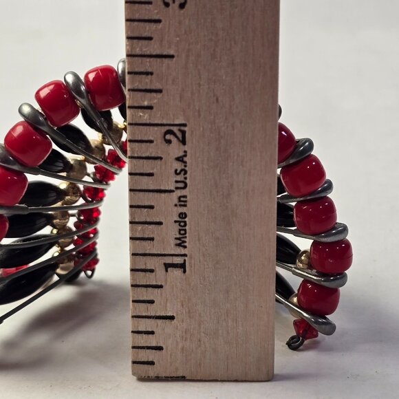Vintage Beaded Safety Pin Art Fan Decor Red Black Gold Feathers Handmade 80s 90s - Picture 9 of 9